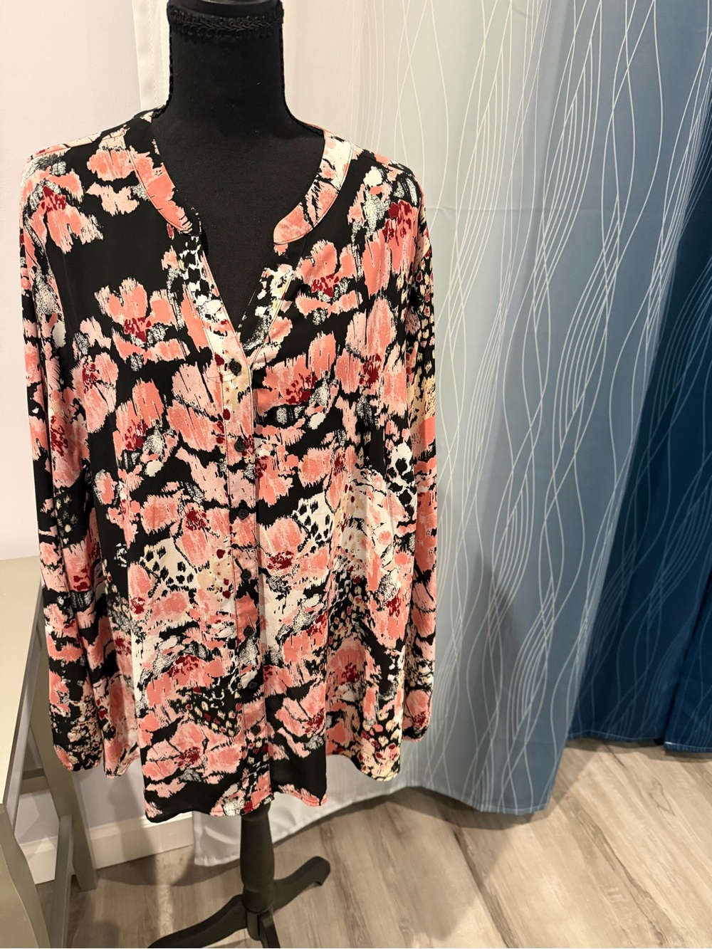 new directions Black Blouse with Pink Floral Print